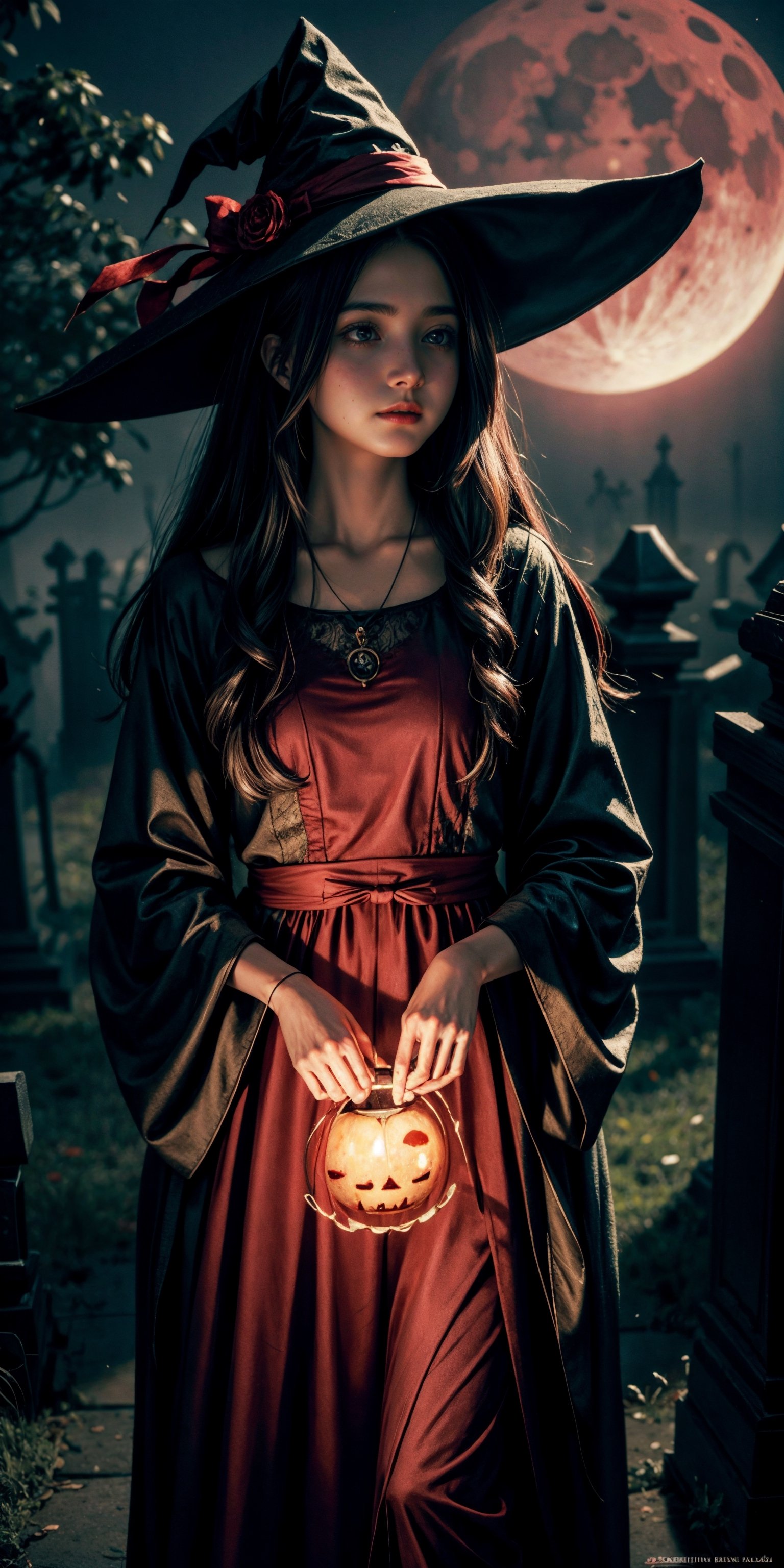 A hauntingly beautiful illustration of a witch standing in a spooky graveyard under a blood-red moon. witch hat, The scene should be cinematic with Jack-o-lantern shining. The witch should be portrayed with fine details and realistic shading. The artwork should be in a high resolution and digitally painted by renowned artists like Luis Royo and Jasmine Becket-Griffith. The overall composition should evoke a sense of mystery and enchantment.,bul4n