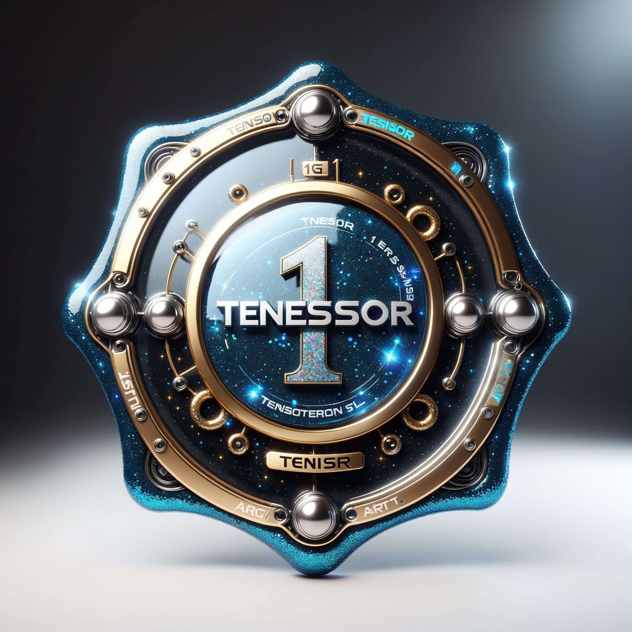 generate a modern badge made of glass, with text "1 TENSOR.ART", high detail, futuristic, aeshtetic and beautifull, glitter,cyborg style