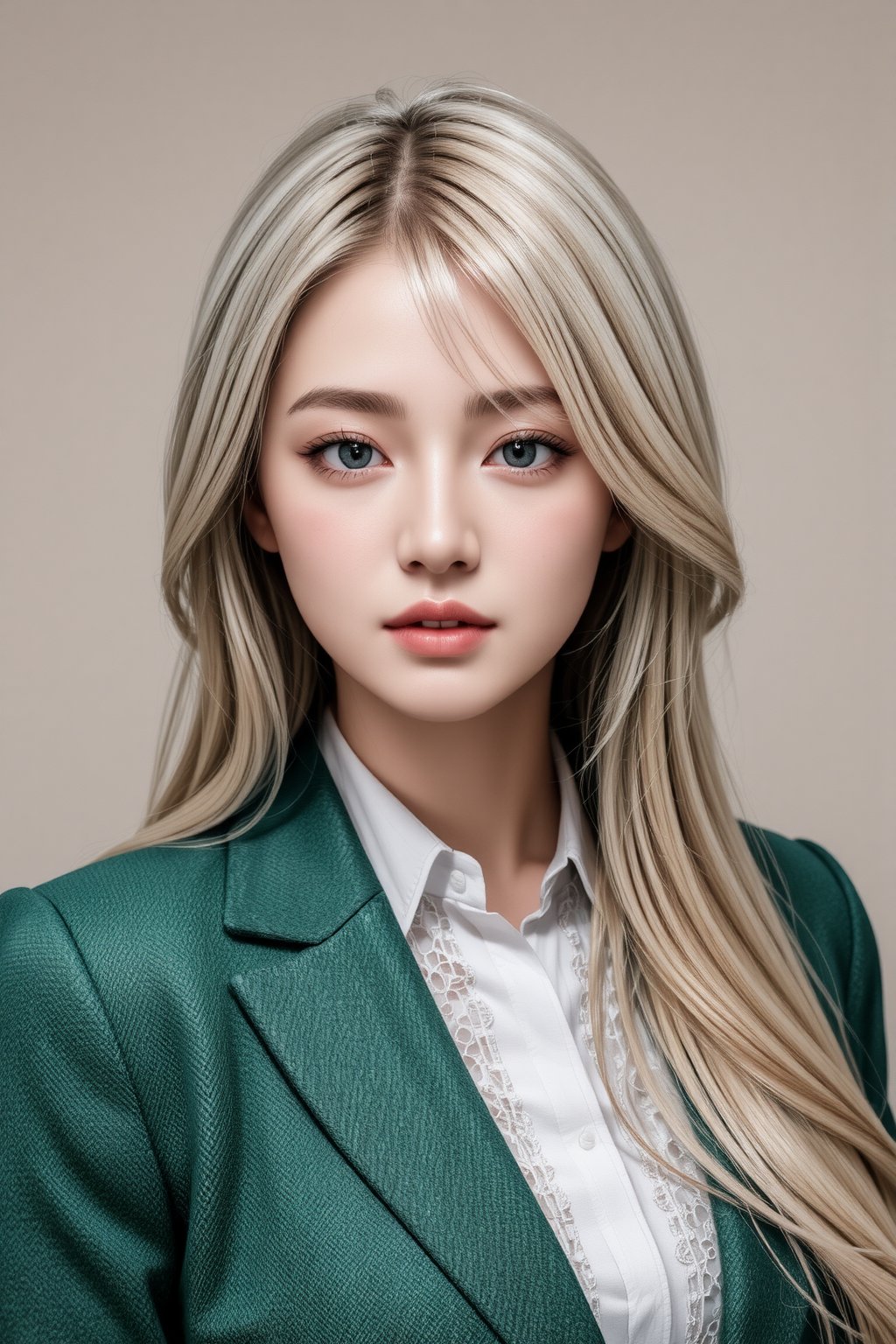 girl with long platinum blond hair in green blazer and white blouse, azure eyes, shy smile, in the style of hyper-realistic atmospheres, anime aesthetic, dotted, fenghua zhong, close up, light gold and dark emerald, 32k uhd 