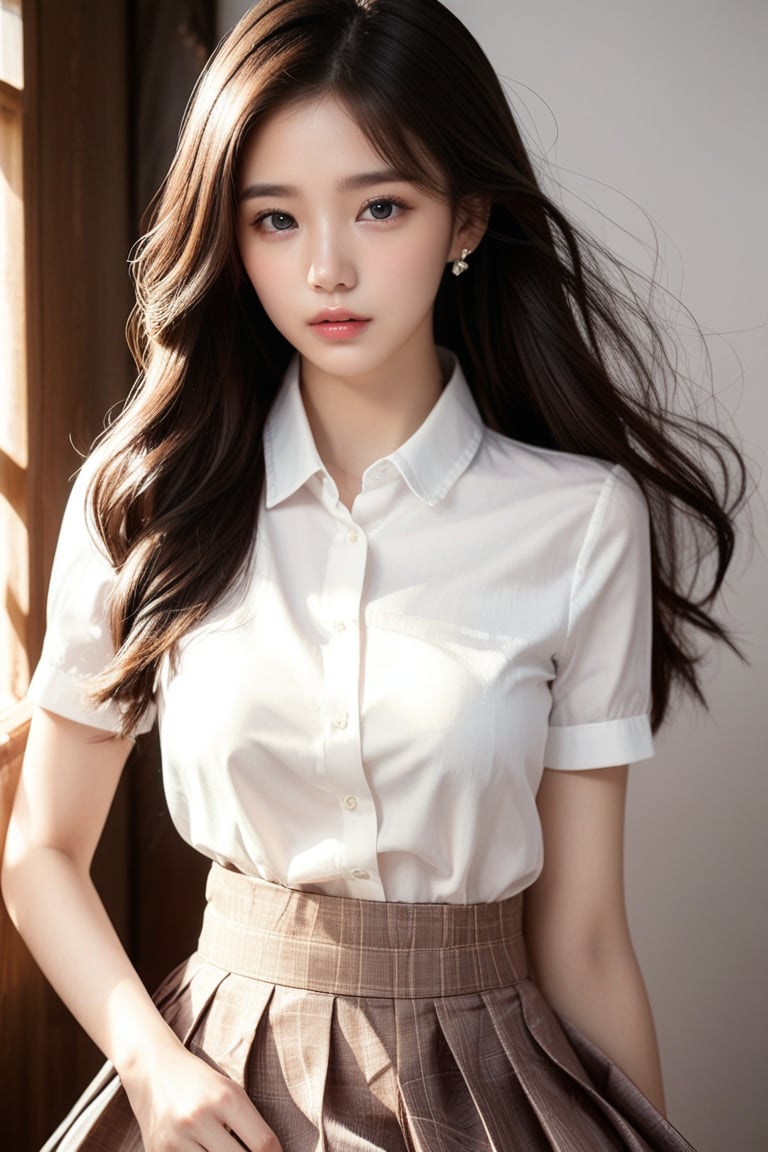 A beautiful Korean girl in a  with a skirt above knee length, an extremely detailed and realistic portrait, high quality, photorealistic, 8k, vivid colors, studio lighting, warm color tones, detailed facial features, piercing eyes, perfectly sculpted lips, delicate skin, flowing hair, beautiful expression, elegant posture, , pleated skirt, indoor setting, natural lighting, spotlights on face, intricate details, hyper-realistic, award-winning digital art,csgirl