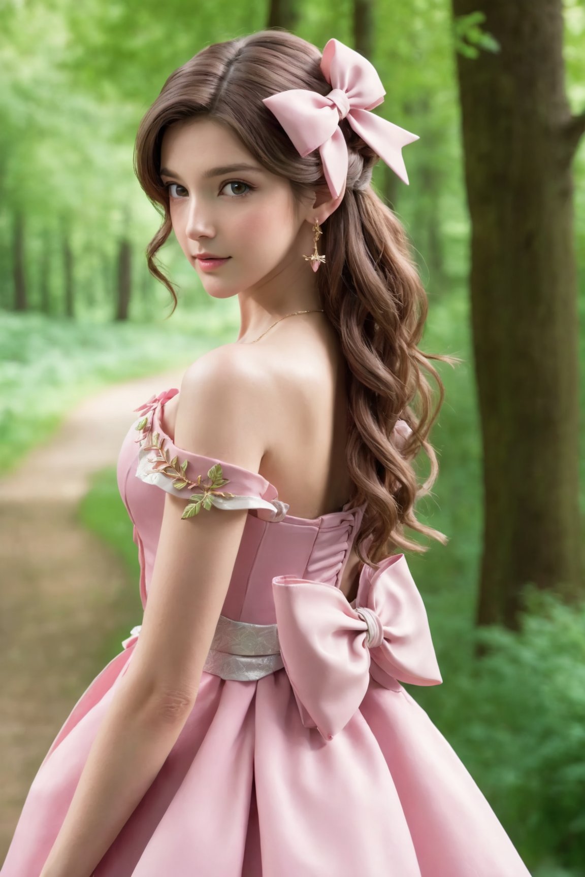 1girl, dress, solo, brown hair, jewelry, long hair, earrings, bow, pink dress, tree, nature, outdoors, bare shoulders, aerith gainsborough, long dress, hair bow, forest, pink bow, looking back, strapless, standing, necklace, head tilt, parted lips, wavy hair, strapless dress, looking at viewer