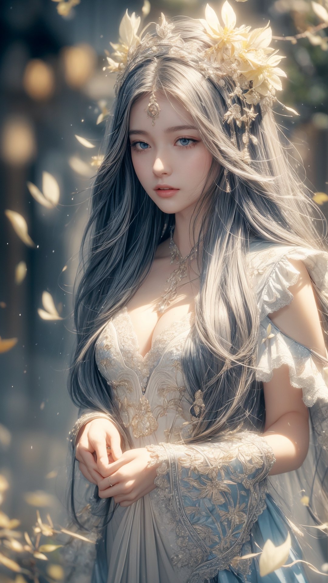 super fine illustration,masterpiece, best quality,{beautiful detailed eyes},1girl,finely detail,Depth of field, 4k wallpaper,bluesky,cumulus,wind,insanely detailed frills,extremely detailed lace,BLUE SKY,very long hair,Slightly open mouth,high ponytail,silver hair,small Breasts,cumulonimbus capillatus,slender waist,There are many scattered luminous petals,Hidden in the light yellow flowers,Depth of field,She bowed her head in frustration,Many flying drops of water,Upper body exposed,Many scattered leaves,branch ,angle ,contour deepening,cinematic angle ,{{{Classic decorative border}}},1 girl