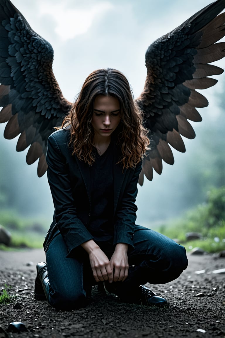 create a hyper realistic image of fallen angel, depression, regret, dark theme, serene expression, kneeling, highly detailed, high_resolution, sharp focus, long_shot