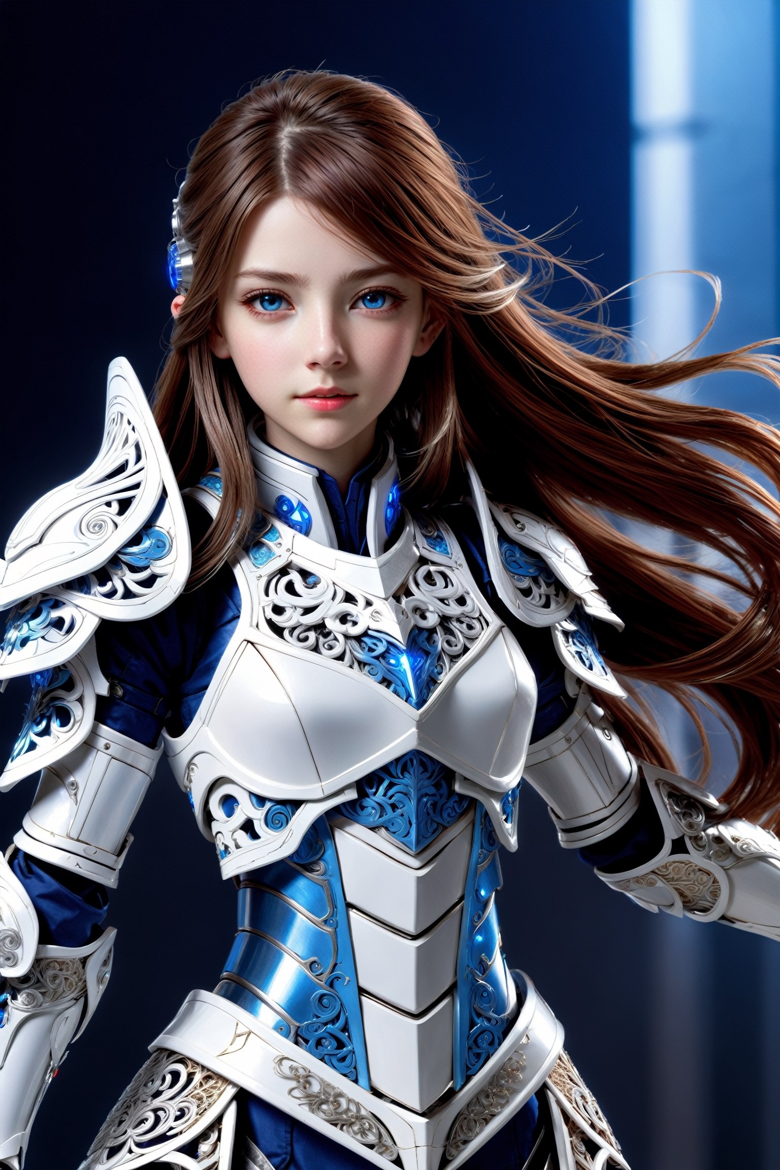 front_view, masterpiece, best quality, photorealistic, raw photo, (1girl, looking at viewer), long hair, mechanical white armor, intricate armor, delicate blue filigree, intricate filigree, red metalic parts, detailed part, dynamic pose, detailed background, dynamic lighting,
