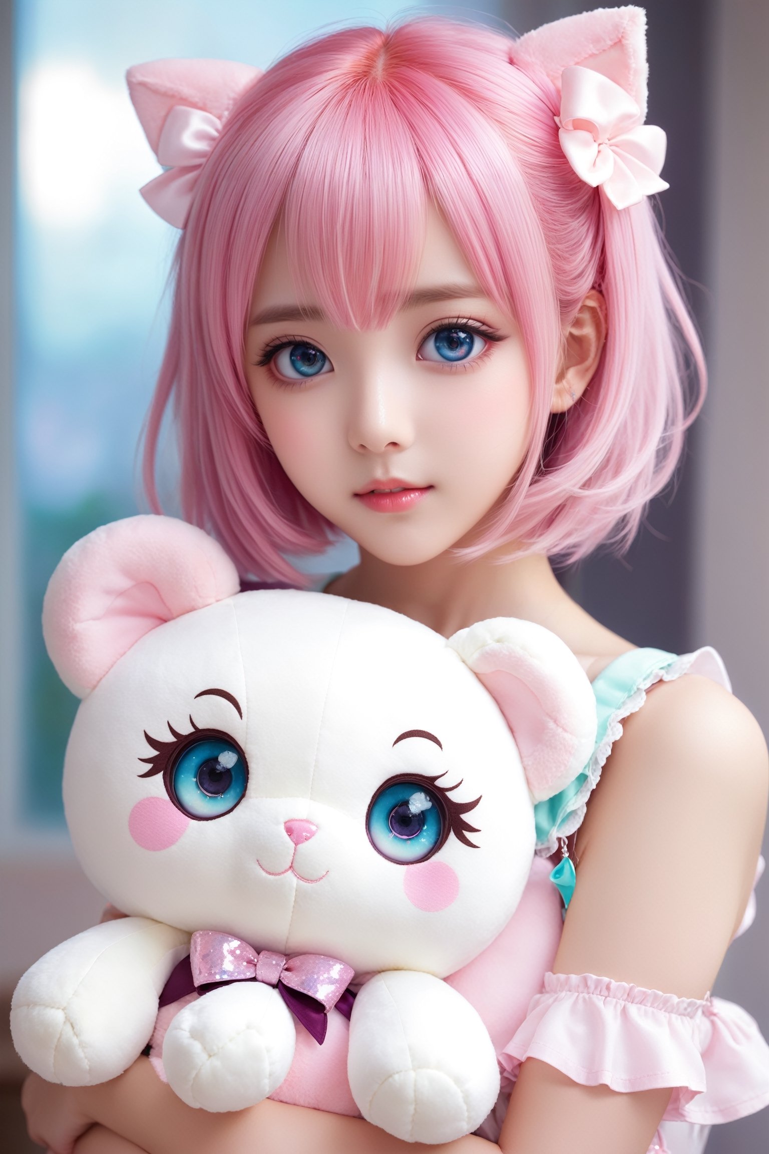 Adorable kawaii anime girl with pink hair, big sparkly eyes, holding a plush toy, pastel colors, soft lighting, by Sakimichan and Nekopara team, digital painting style