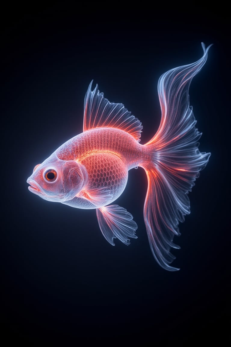 Medium shot of a glowing x-ray image revealing a see-through goldfish made of light, featuring striking neon colors. Hyper-realistic, ultra-detailed, with vibrant hues and translucent textures, set against a dark background.