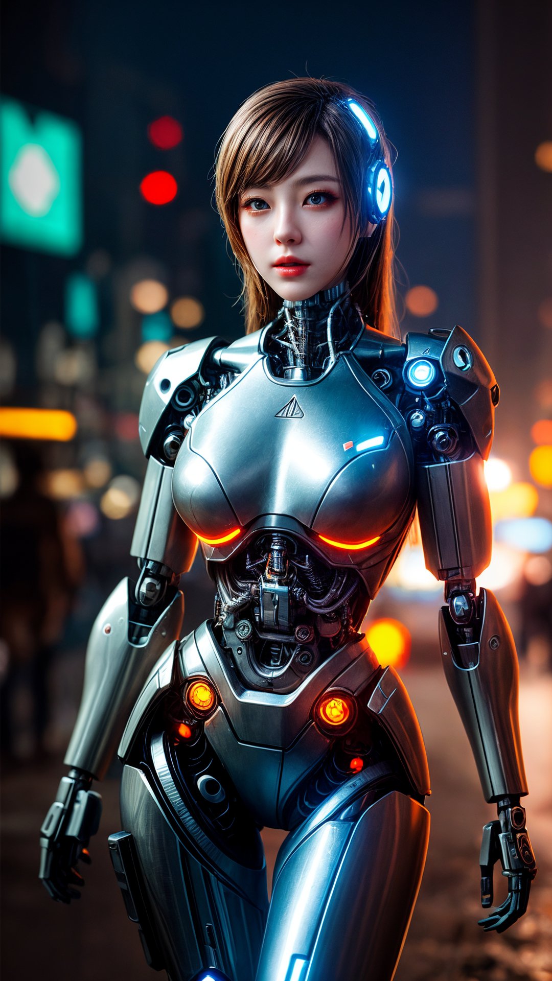 Best quality, masterpiece, photorealistic, 1 mechanical girl, perfect figure, cyborg, cyberpunk, sci-fi, background bokeh effects