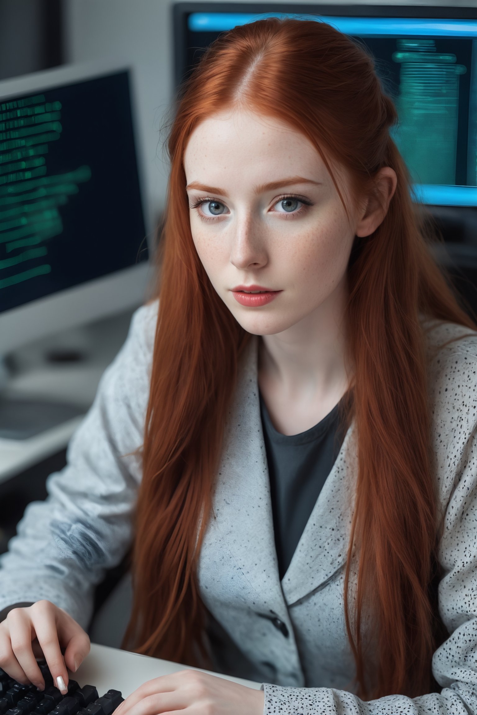 beautiful hacker woman with long redhair , pale skin, freckles, big brown eyes, slim face, writing (computer code and doing experiments with electronics), realistic office, hiperrealistic photo