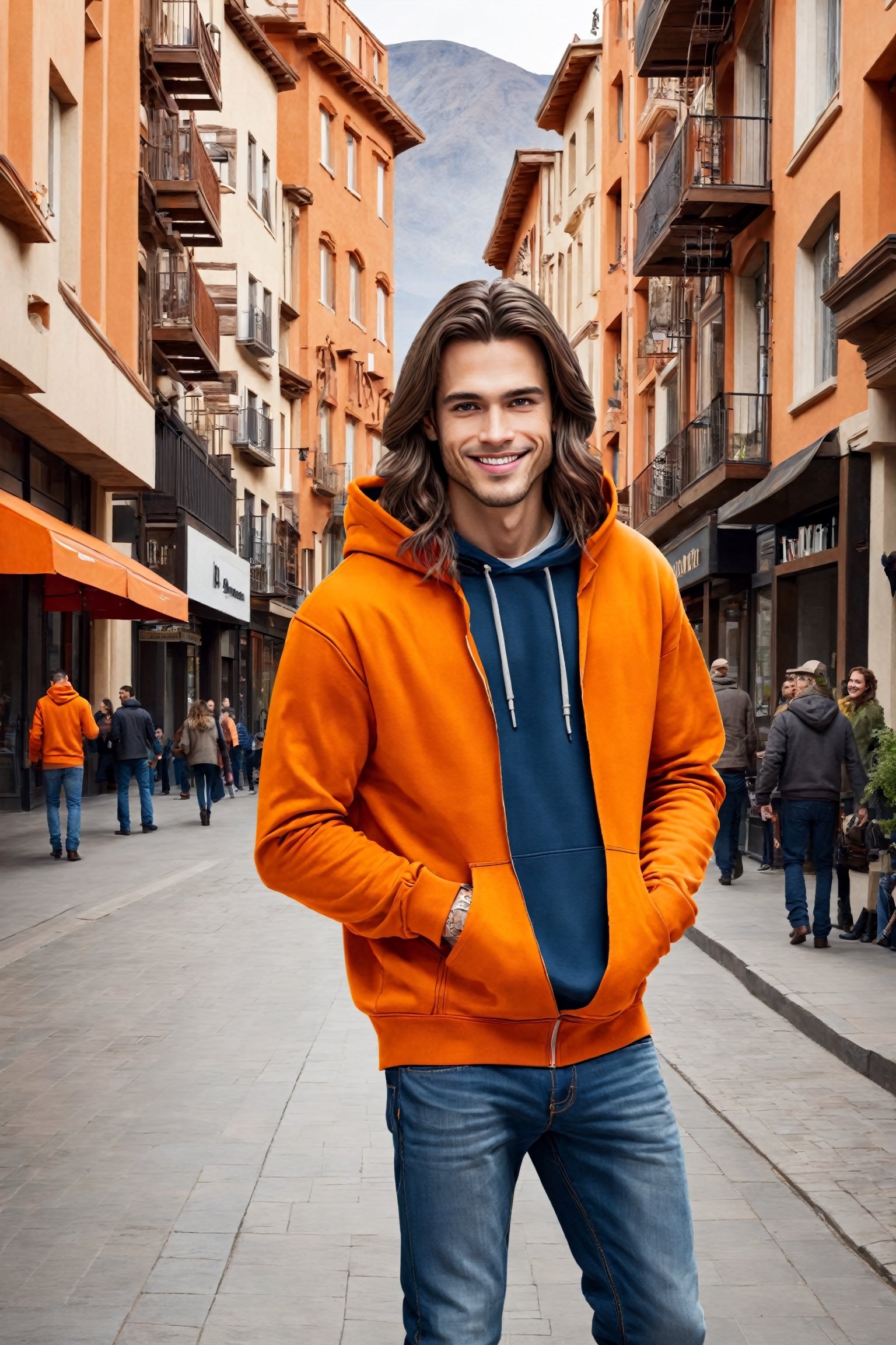 masterpiece, best quality,   miorine rembran, long hair, orange hoodie, jeans, cowboy shot, standing, street, looking at viewer, smile