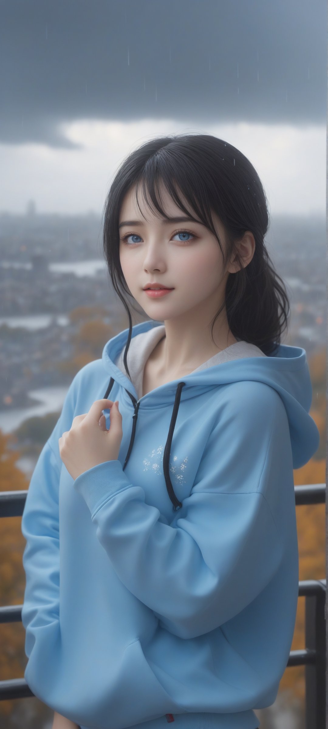 {{extremely delicate and beautiful hands}},highly detailed,masterpiece,ultra-detailed,illustration,{incredibly_absurdres},rain,1girl,solo,full body,an extremely delicate and beautiful girl,beautiful detailed eyes,cumulonimbus capillatus,focus_on_face,beautiful detailed glow,extremely detailed CG unity 8k wallpaper,bright_eyes,beautiful and delicate water,in autumn,goggles,blue hoodie, blue eyes,black hair,cityscape,smug,{{{ultra-detailed}}},delighted glow,{{beautiful hand and fingers}},{{{in the rain}}},expressionless,short shorts, cloudy sky,socks,sneakers,crossed bangs, 