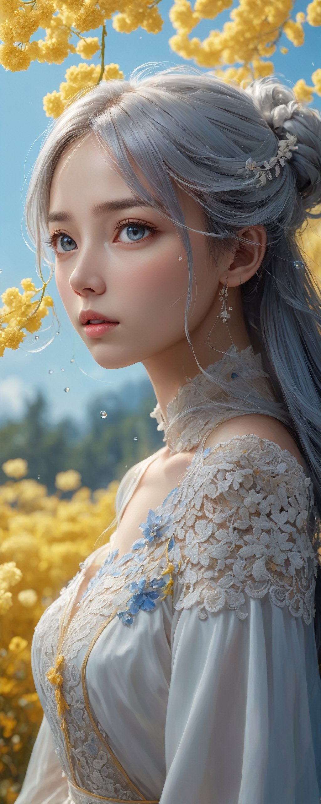 super fine illustration,masterpiece, best quality,{beautiful detailed eyes},1girl,finely detail,Depth of field, 4k wallpaper,bluesky,cumulus,wind,insanely detailed frills,extremely detailed lace,BLUE SKY,very long hair,Slightly open mouth,high ponytail,silver hair,small Breasts,cumulonimbus capillatus,slender waist,There are many scattered luminous petals,Hidden in the light yellow flowers,Depth of field,She bowed her head in frustration,Many flying drops of water,Upper body exposed,Many scattered leaves,branch ,angle ,contour deepening,cinematic angle ,{{{Classic decorative border}}}