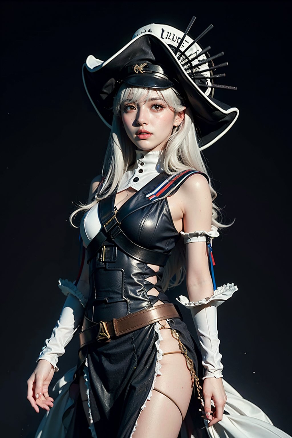 concept art,masterpiece, best quality, 1girl,  long_hair,looking_at_viewer,  solo, pelvic_curtain, specter, white hair, hat