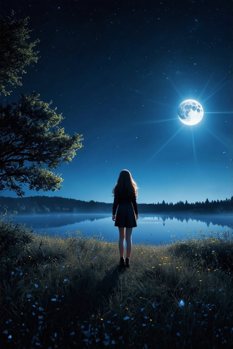 (best quality,highres:1.2),(ultra-detailed,extreme detail description),(realistic:1.37),a girl looking at the horizon,in a beautiful night, girl,soft moonlight,rays of moonlight,starlit sky,serene atmosphere,gentle breeze in the air,subtle colors,natural beauty,silhouette of trees,dreamy ambiance,peaceful,calm,reflective,deep thoughts,loneliness,tranquility,inner emotions,faint shadows,mystery,serene expression,soft glow,nighttime scenery,crisp air,nighttime solitude,whispers of night,ethereal atmosphere