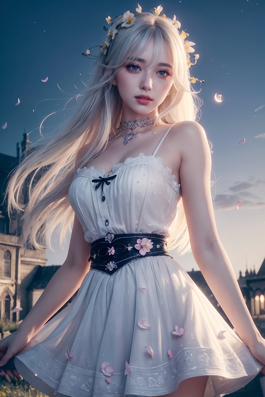 masterpiece, best quality, 1girl, (colorful),(finely detailed beautiful eyes and detailed face),cinematic lighting,bust shot,extremely detailed CG unity 8k wallpaper,white hair,solo,smile,intricate skirt,((flying petal)),(Flowery meadow) sky, cloudy_sky, building, moonlight, moon, night, (dark theme:1.3), light, fantasy,