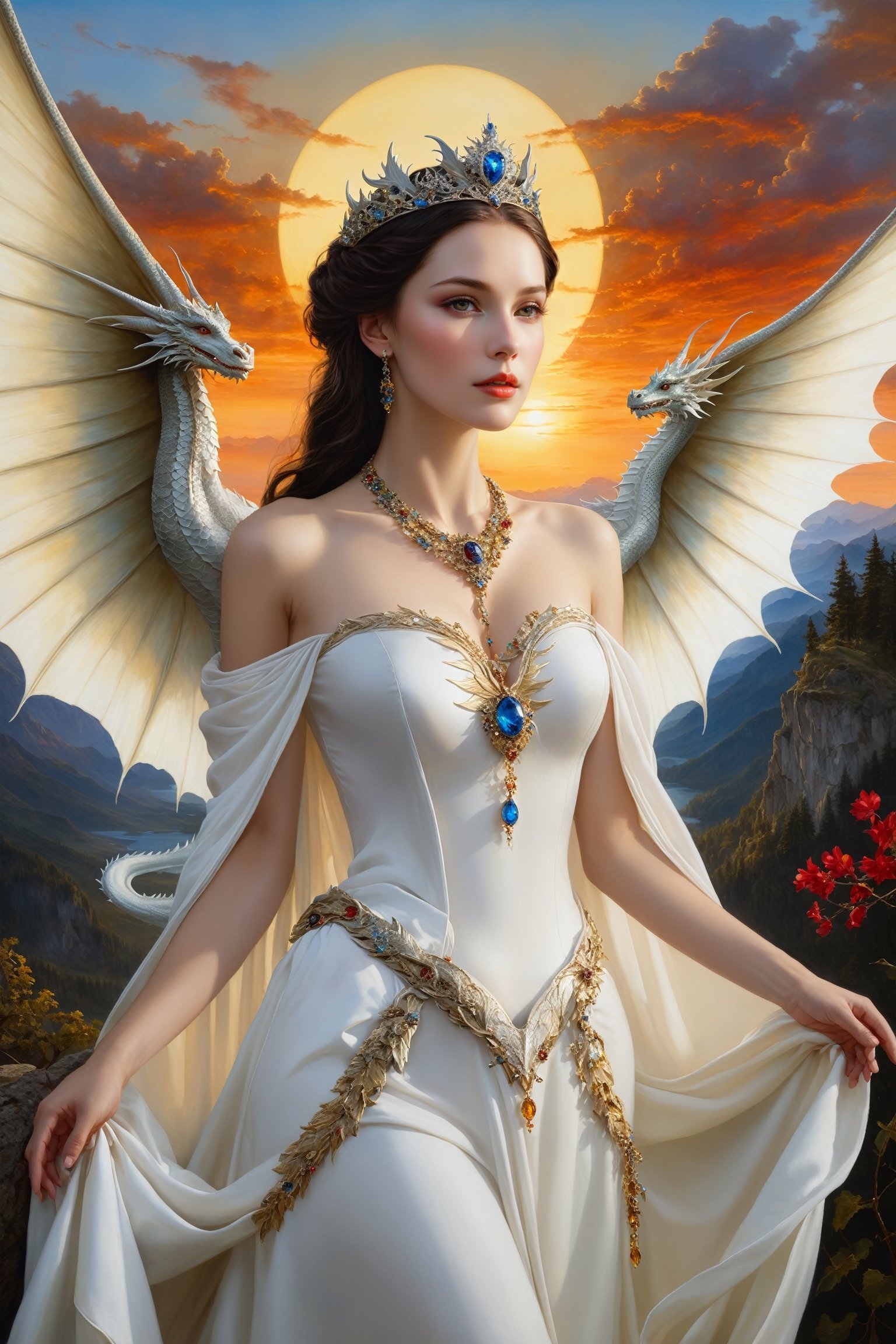 A fantastic painting depicting a snow-white dragon queen wearing a tiara and necklace, spreading her wings in front of a breathtaking sunset backdrop. The art is done in a realistic style using oil paints and intriguing details reminiscent of the works of Leonardo da Vinci and Rembrandt. Each element is expressive and worked out to the smallest detail, giving the work a hyper-realistic look. This work will definitely attract the attention of fantasy lovers and Russian artists such as Viktor Vasnetsov or Ilya Efimovich