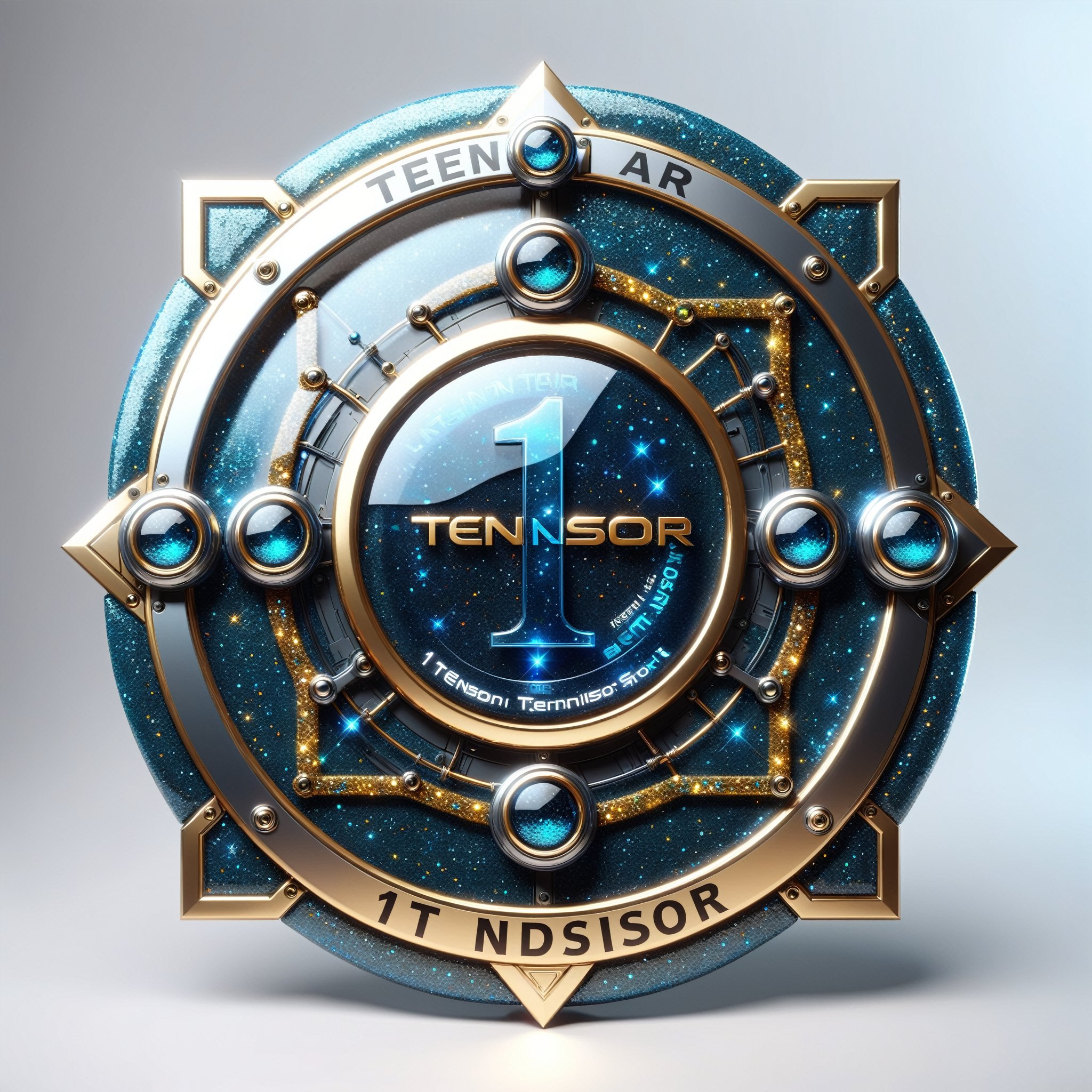 generate a modern badge made of glass, with text "1 TENSOR.ART", high detail, futuristic, aeshtetic and beautifull, glitter,cyborg style