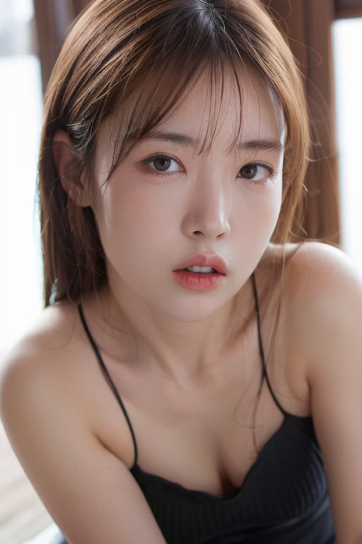 25 years old woman, (photorealistic:1.4, realistic), highly detailed CG unified 8K wallpapers, 1girl, (((slender body:0.8))), ((small breasts:0.7)), looking at viewer, (HQ skin:1.4), 8k uhd, dslr, soft lighting, high quality, film grain, Fujifilm XT3, ((close up shot:1.2)), (((black dress, black mini skirt))), ((simple background, black background))