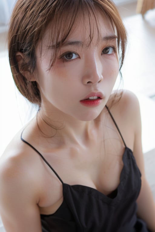 25 years old woman, (photorealistic:1.4, realistic), highly detailed CG unified 8K wallpapers, 1girl, (((slender body:0.8))), ((small breasts:0.7)), looking at viewer, (HQ skin:1.4), 8k uhd, dslr, soft lighting, high quality, film grain, Fujifilm XT3, ((close up shot:1.2)), (((black dress, black mini skirt))), ((simple background, black background))