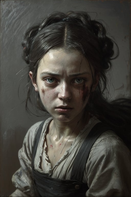 A portrait of poor 14y old peasant girl, in old used 1800 peasant clothing , crazy mad aggressive face and eyes, fantasy, concept art, oil pastel painting , moody gray colors , gritty, messy style of Malika Favre, Ilya Kuvshinov, Franz Xaver Winterhalter, Alice Pasquin(cel shaded:1.1), 2d, (oil painting:1.2) highly detailed, jeremy mann