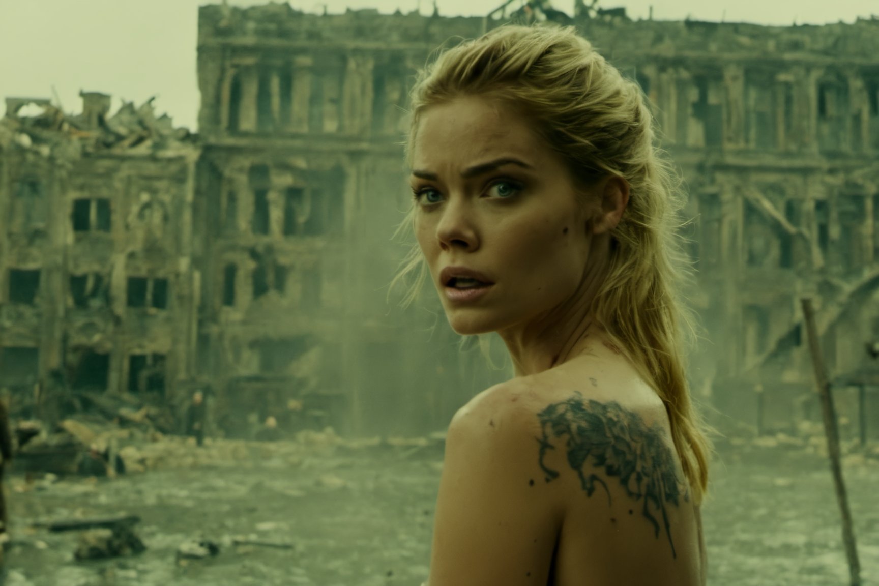 movie still, film still, cinematic, cinematic shot, a woman with a tattoo on her face is in the middle of a scene with a broken down building, by Zack Snyder, samara weaving vampire, bleeding in the bath, color corrected