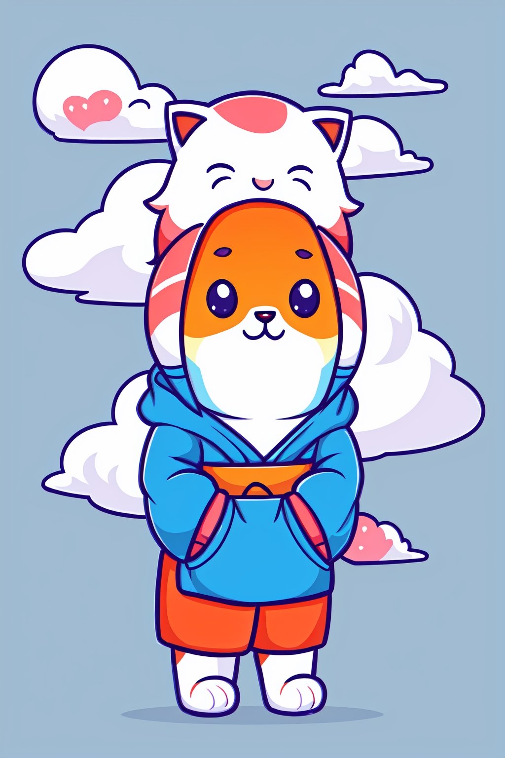 style of Cathleen McAllister, a cute cat, on clouds, cold colors, simple  background, Illustration, japan, minimalistic, cutestickers