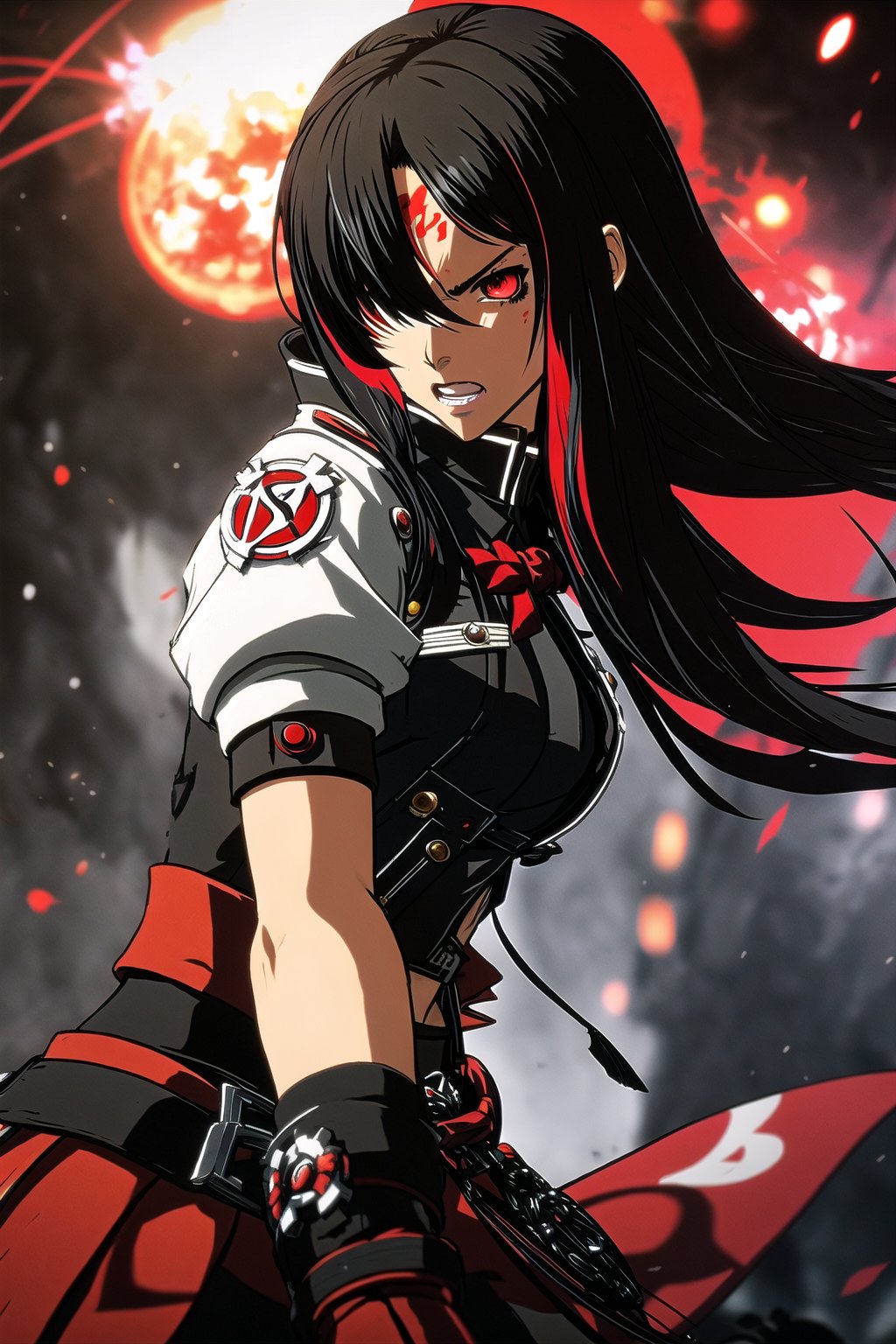 guiltys, angry, a battle girl, red eyes, black swirl hair, upper body, (bokeh:1.1), depth of field, by Akihiko Yoshida