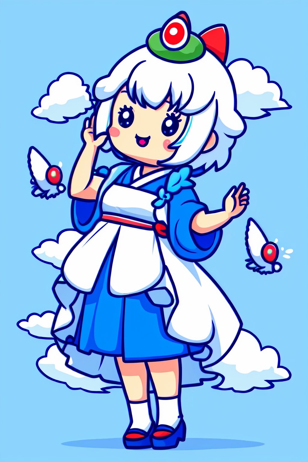 style of Chiho Aoshima, cute, a girl, white hair, puffy dress, full body, royal blue hue, simple white background, Illustration, Ink, japan, minimalistic,cutestickers