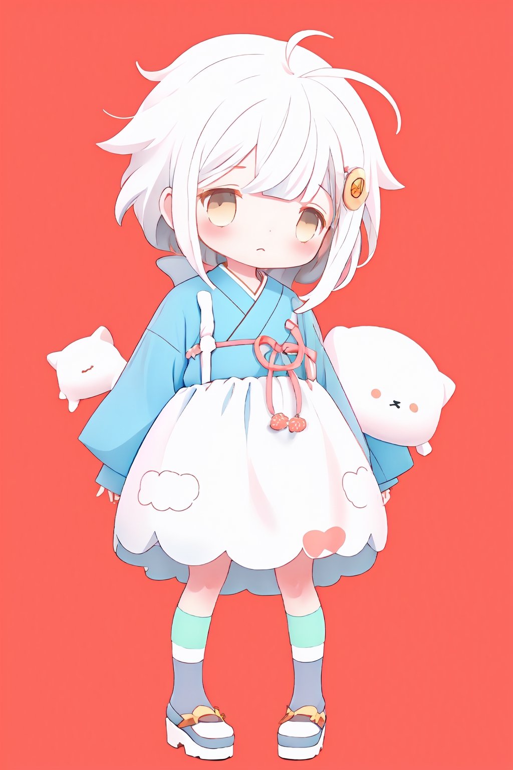 style of Chiho Aoshima, adorable, cute, a girl, white hair, puffy dress, full body, warm colors, simple white background, in clouds, Illustration, cover art, japan, minimalistic, eguchistyle,toitoistyle