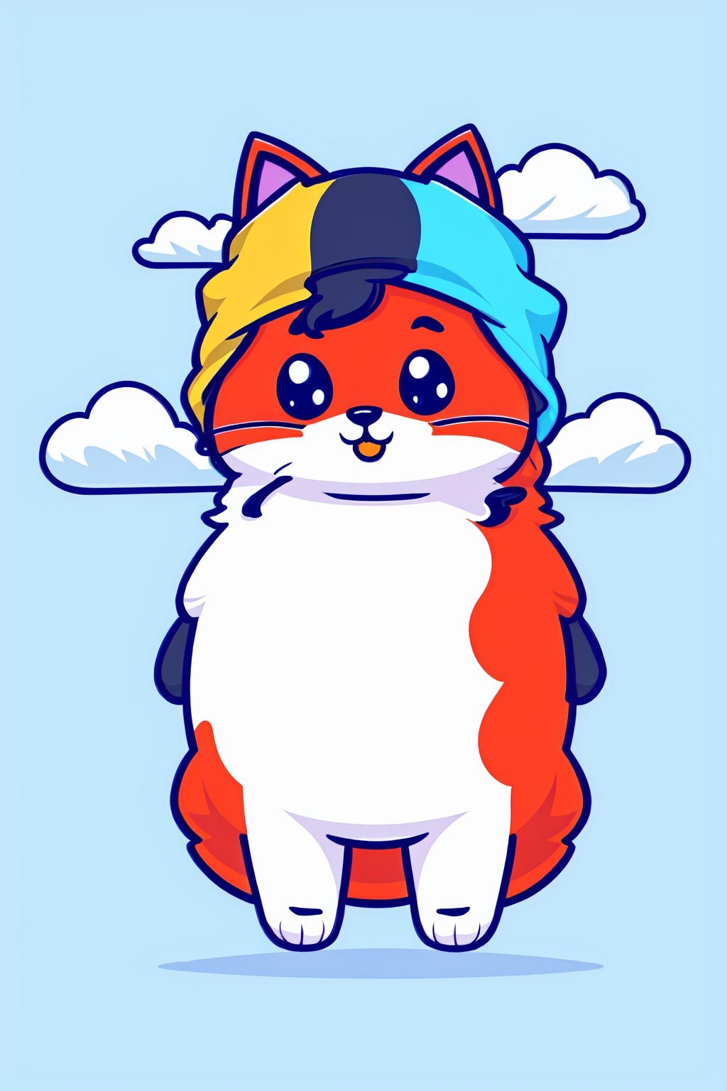 style of Cathleen McAllister, a cute cat, on clouds, cold colors, simple background, artstation, USA, sticker, cutestickers