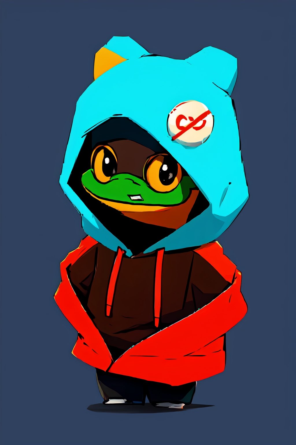 style of Justin Maller, a frogy, hoody on, warm colors, simple  background, Illustration, japan, minimalistic, cutestickers
