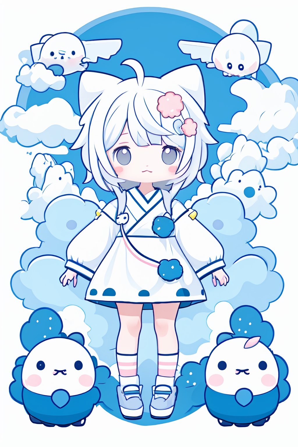 style of Chiho Aoshima, adorable, cute, a girl, white hair, puffy dress, full body, warm colors, simple white background, in clouds, Illustration, cover art, japan, minimalistic, eguchistyle,toitoistyle,cutestickers