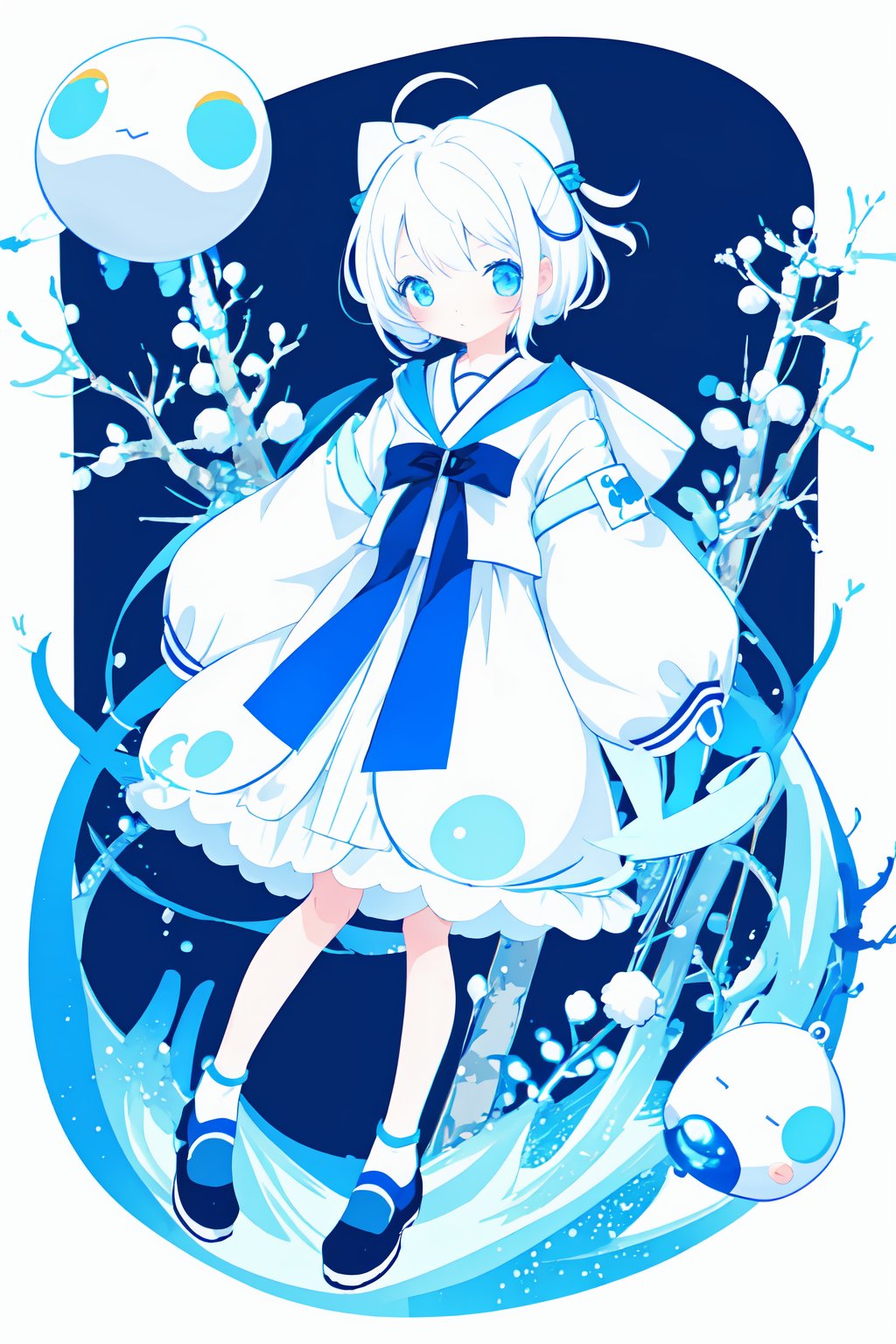 style of Chiho Aoshima, cute, a girl, white hair, puffy dress, full body, blue hue, simple white background, Illustration, Ink, japan, minimalistic, eguchistyle