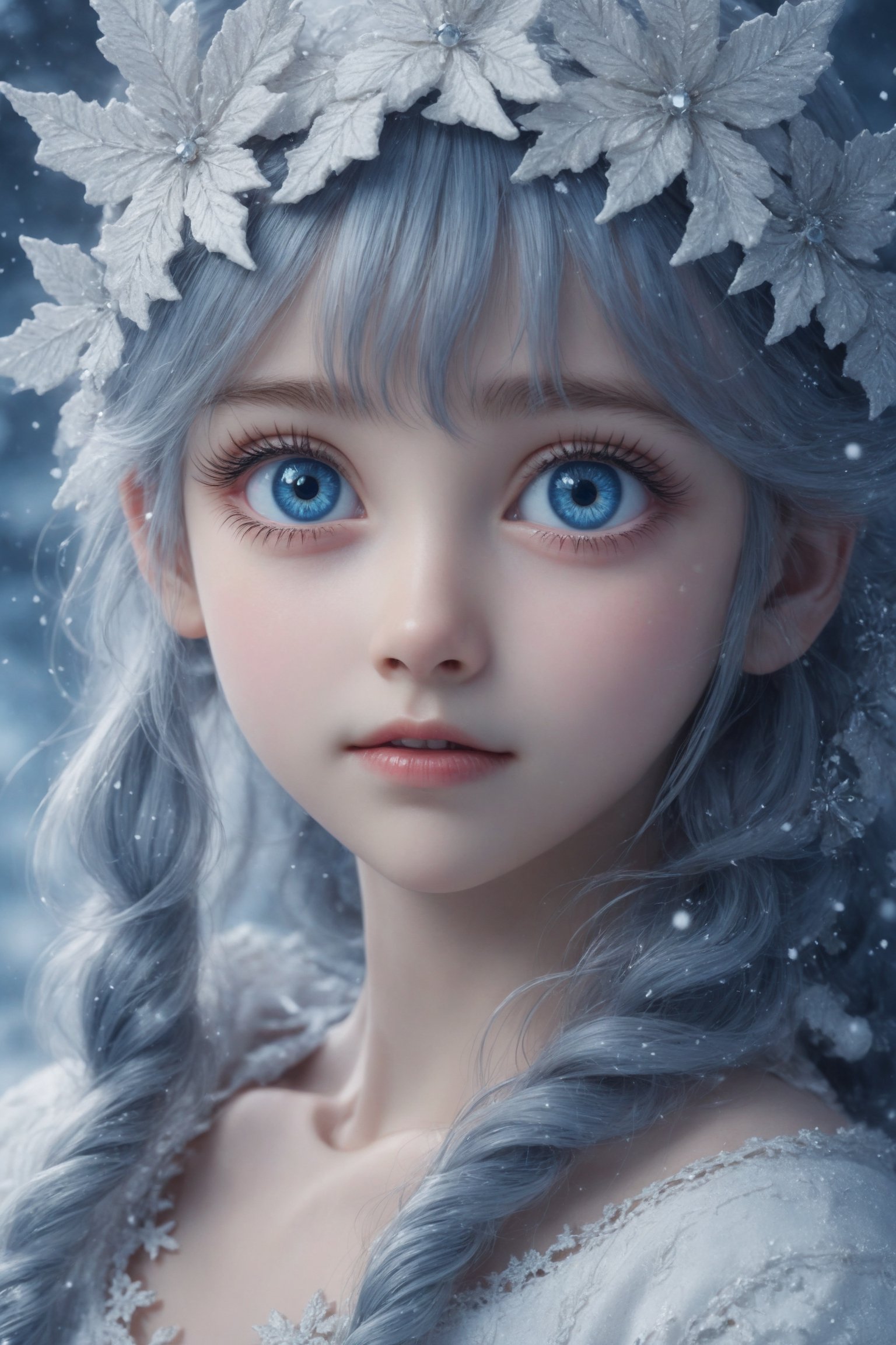 ultra Realistic, Extreme detailed, 1 girl 12years old,Christmas theme,girl of noble bloodline,(small eyes:1.2), the girl has Beautiful blue eyes,soft expression,Depth and Dimension in the Pupils,So beautiful eyes that 
Has deep clear eyes,detailed eyelashes,mesmerizing iris colors,
,(Dimly shining eyes),heterochromia_iridis, the skin color is closer to white, the girl should be at the bottom of the picture where only the top of her head is visible,
Christmas Fantasy World,perfecteyes,Anime ,3D