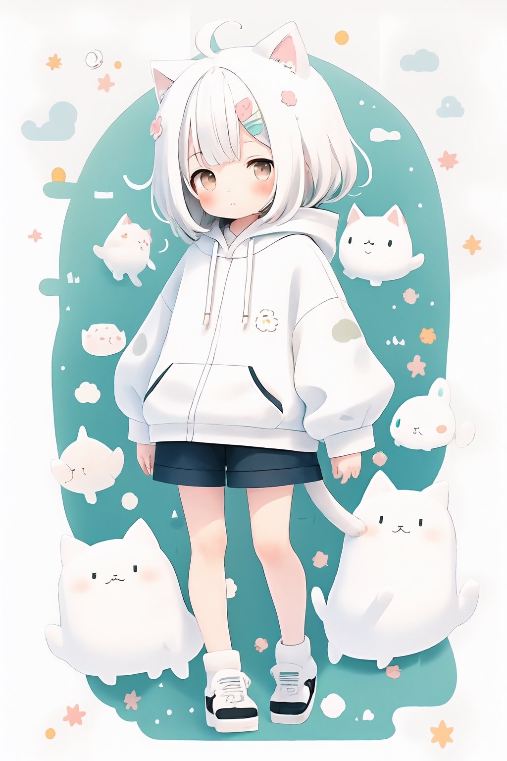 style of Chiho Aoshima, adorable, cute, a boy, cat ears, white hair, white hoody on, full body, warm colors, simple white background, in clouds, Illustration, cover art, japan, minimalistic, eguchistyle,toitoistyle,cutestickers