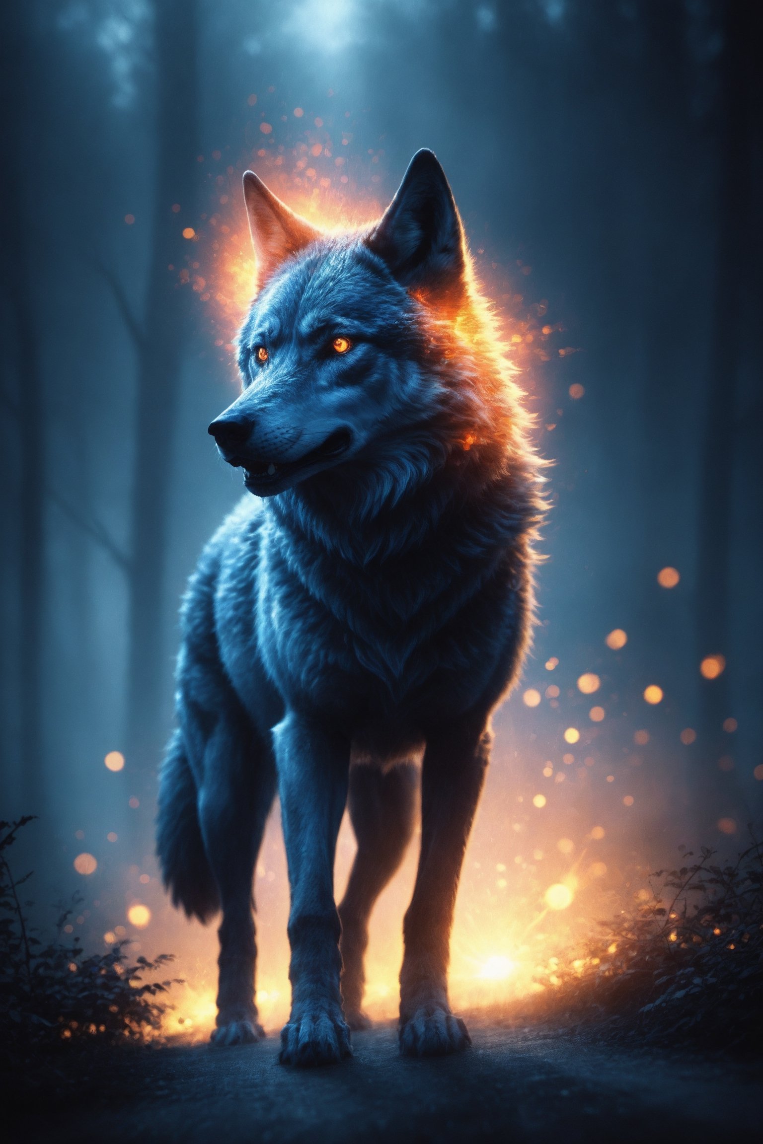 A royal flaming wolf emerging from a magical big forest, blue flames, front facing, portrait, closeup, dark, bokeh, dawn, god rays, highly detailed, highres, Cinematic, Cinemascope, astonishing, epic, gorgeous, ral-fluff