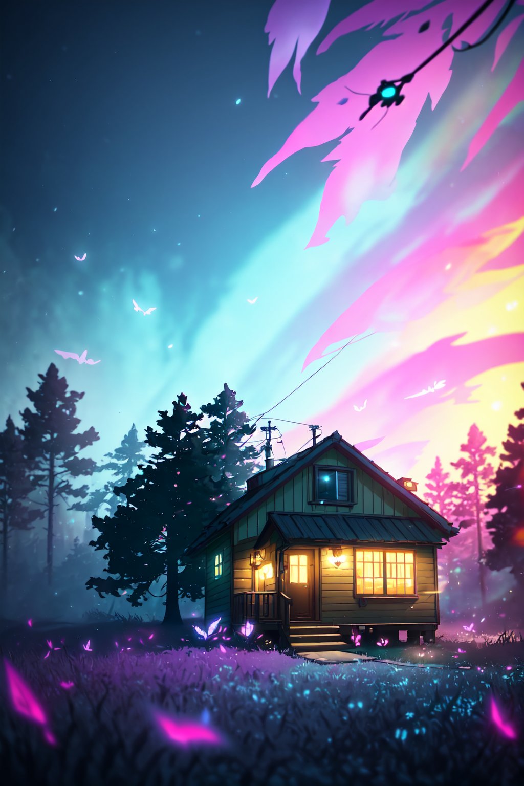 style of Anato Finnstark, a beautiful landscape of a small house, thematic background, neon, glow, fluttering symbols, | depth of field, bokeh, | smooth detailed shadows, hyperealistic shadows, (saturated colors:1.2) | (game cg, unreal engine, pixar style), (3d model),toitoistyle