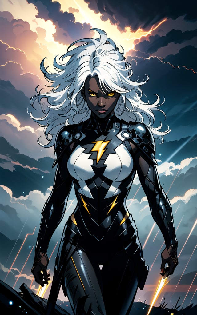 best quality, masterpiece, realistic, intricate, highly detailed, beautiful (african ebony woman:1.2), (black skin:1.4), white hair, yellow eyes, angry, BREAK, (simple white supersuit), flying, lightning auras, lightning all over body, BREAK, (wind blow, windy:1.3), (flowing hair, wild hair:1.3), BREAK, night, dark, (shining light foreground:1.2), atmospheric fog, blue and cloudy dark sky, (cloudy, thunder, yellow lightning, storm:1.2), dramatic scenery, (hyper detailed sky background), BREAK, epic artistic, light rays, ambient light, high key, action line, (splash art:1.2), (intricate detailed light particles:1.3), lens flare, BREAK, cowboy shot, (flying pose), face focus, centered, looking at viewer