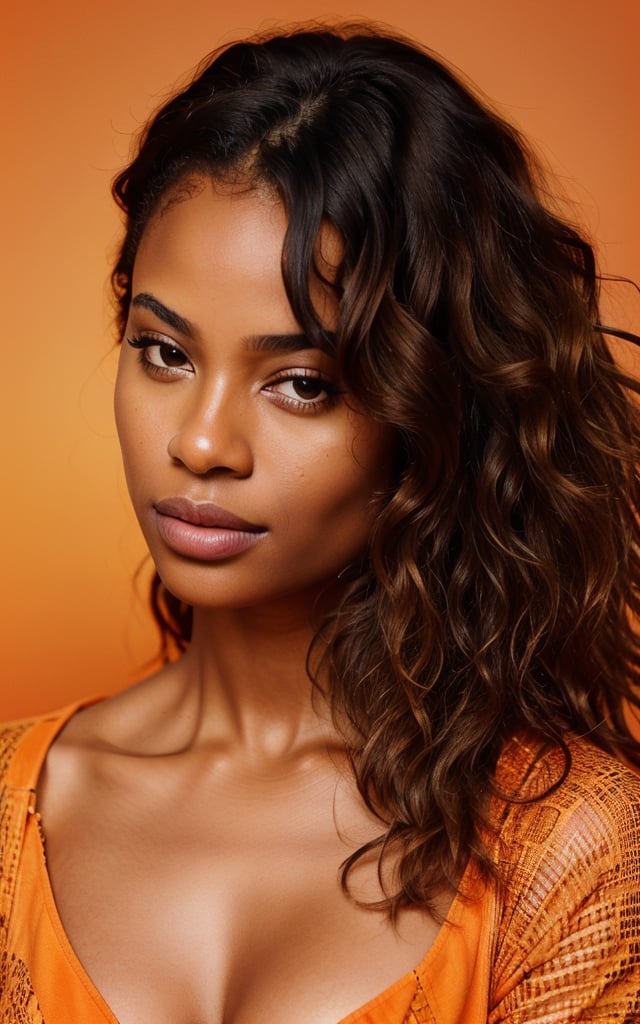 raw photo, photorealistic, intricate, photo of beautiful african woman, wavy hair, skin texture, pores, in orange background, instagram LUT