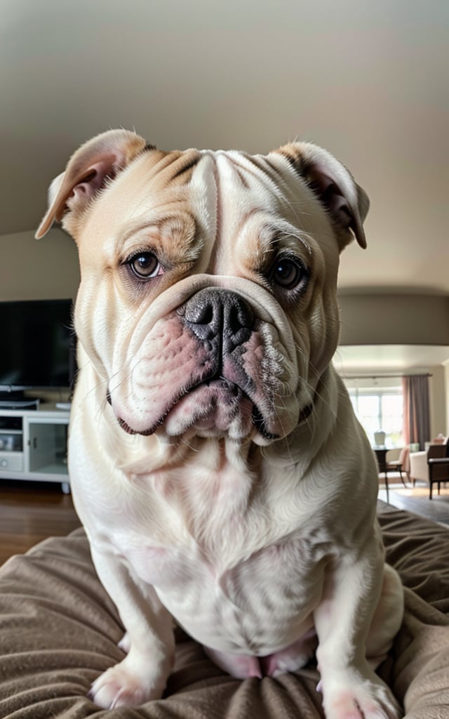 raw photo, best quality, photo of a english bulldog, funny dog, highly detailed, zoom, soft lighting, in living room, (fisheye lens). taken with gopro camera, instagram LUT