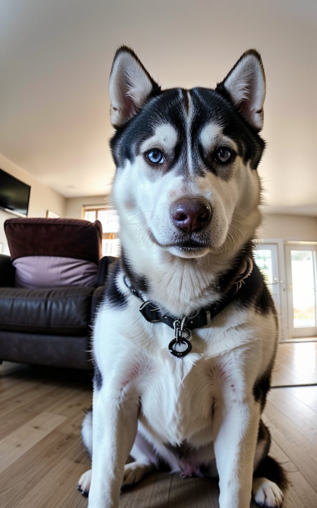 raw photo, best quality, photo of a husky, dog, highly detailed, zoom, soft lighting, in living room, fisheye lens. taken with gopro camera