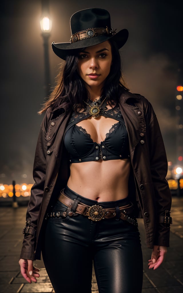 medium shot photo of steampunk detective woman wearing low rise pants crop top and jacket, thigh gap, intricate steampunk city, evening, dark, atmospheric, mist, best quality masterpiece, detailed, 8k, HDR, broad light, high contrast, backlighting, bloom, light sparkles, chromatic aberration, sharp focus, RAW color photo