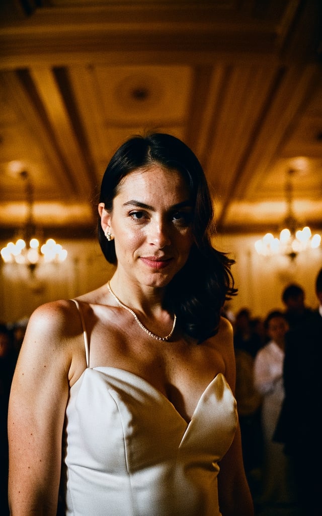 photograph, portrait of a woman in a ballroom in 17th century, cinematic, kodak, detailed, bokeh, dark moody, photo grain