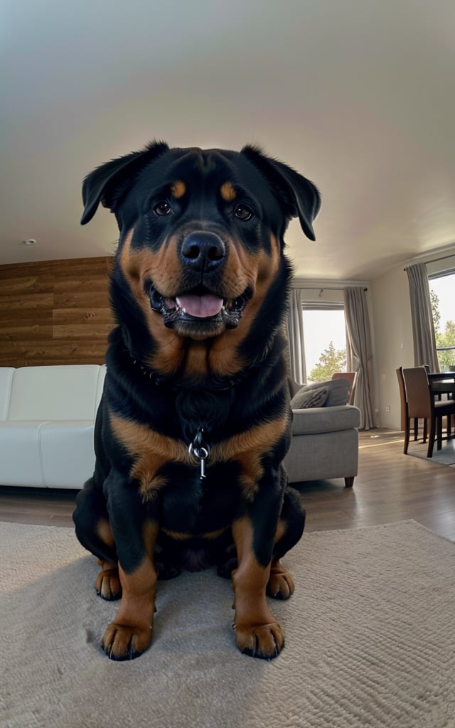 raw photo, best quality, photo of a rottweiler, funny dog, highly detailed, zoom, soft lighting, in living room, (fisheye lens). taken with gopro camera, instagram LUT