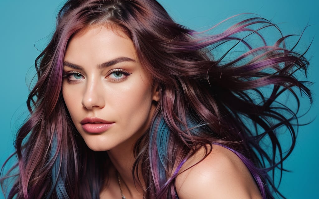 raw photo, photorealistic, photo of beautiful woman, (multi color hair), flowing wild hair, flowing hair, (simple blue background), professional photograph, fashion magizine photo, [high detailed skin texture and pores], hair ads model, glamour makeup, sharp eyes, perfect lips, film grain, medium shot, centered, defocus photo, instagram LUT