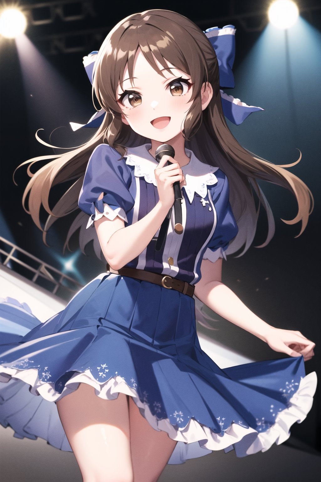 masterpiece, best quality, highres, hmarisu, long hair, hair bow, blue bow, blue dress, collared dress, short sleeves, puffy sleeves, belt, blue skirt, holding microphone, stage, smile, open mouth, standing