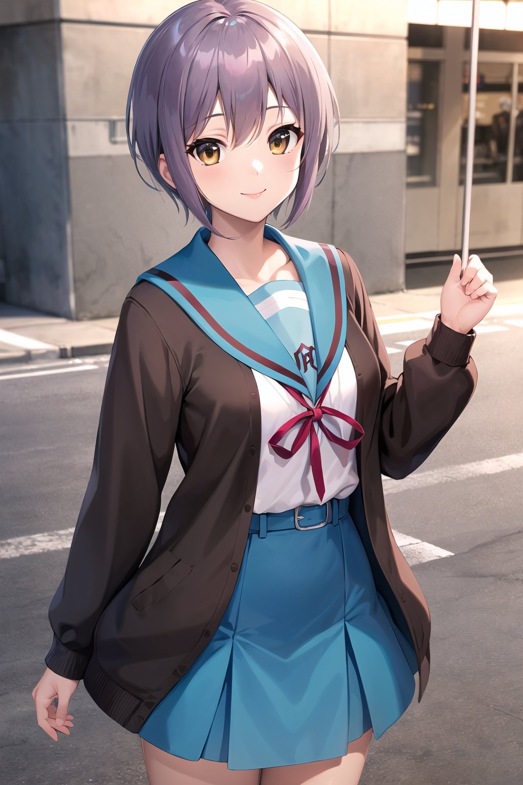 masterpiece, best quality, highres, ny1, school uniform, blue sailor collar, serafuku, skirt, blue skirt, long sleeves, brown cardigan, open cardigan, cowboy shot, standing, smile, outdoor