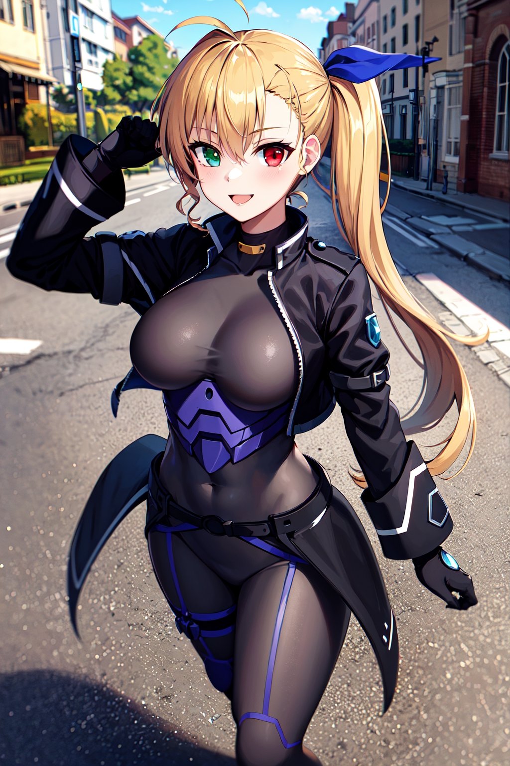 masterpiece, best quality, 1girl, vivio1, heterochromia, ribbon, gloves, large breasts, ahoge, black_bodysuit, black jacket, standing, outdoors, street, smile