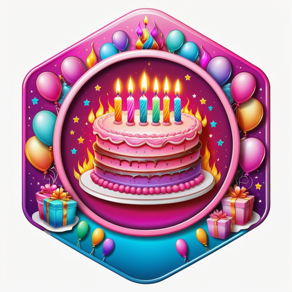 high quality, beautiful birthday badge, pink cake icon, extremely detailed, beautiful gradient, cake, candles, surrounded by beautiful frames, birthday cake with flaming candles, beautiful balloon, artistic, oktagon, more detail XL