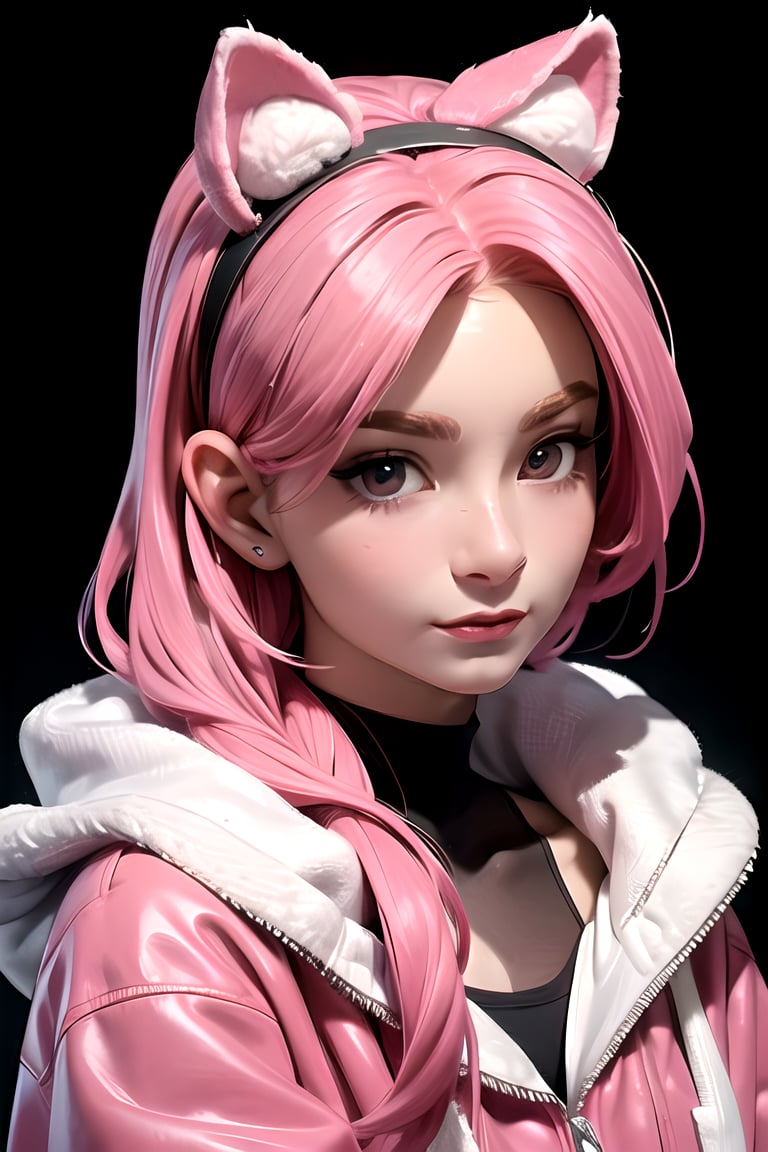 yiren, 1girl, (upper body:1.2), (straight on:1.1), beautiful hair, floating hair, (looking at the viewer:1.3), (pink hair:1.2), (wearing fluffy cute jacket), (cat hair bands), beautiful face, beautiful expression, (medium breast:1.1), (closed mouth:1.2), (photorealistic:1.3), detailed face, detailed eyes, detailed iris, detailed nose, detailed ears, detailed eyebrows, high_res