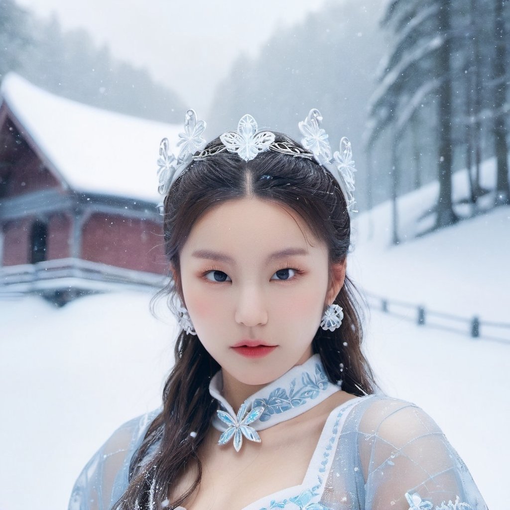 yeji, looking at viewer, Queen Winter, crown, medium full shot of a woman with frost on her face, (snow butterfly wings on back:1.2), sparkling blue eyes, pale white skin, (beautiful white hair:1.2), fairy woman, outdoors at winter, fantasy art, beautiful and elegant girl, airy, blue - petals, photographic render, white girl in a cosmic dress, snow dress, rococo queen, glowing veins of white, beautiful , snow crystals, many snow crystals, glittering snow scattered about, silver glow, sharp focus, emitting diodes, silver sparks, highly detailed art, intricate art, highly detailed soft lighting, tungsten lighting, detailed eyes, detailed iris, detailed face, stunning winter landscape of Norway in the background, snowing, winter smoke, winter fog, cinematic, concept art , masterpiece, beautiful snow background, beautiful temple in the background, beautiful snow, ultrainstinct, aura